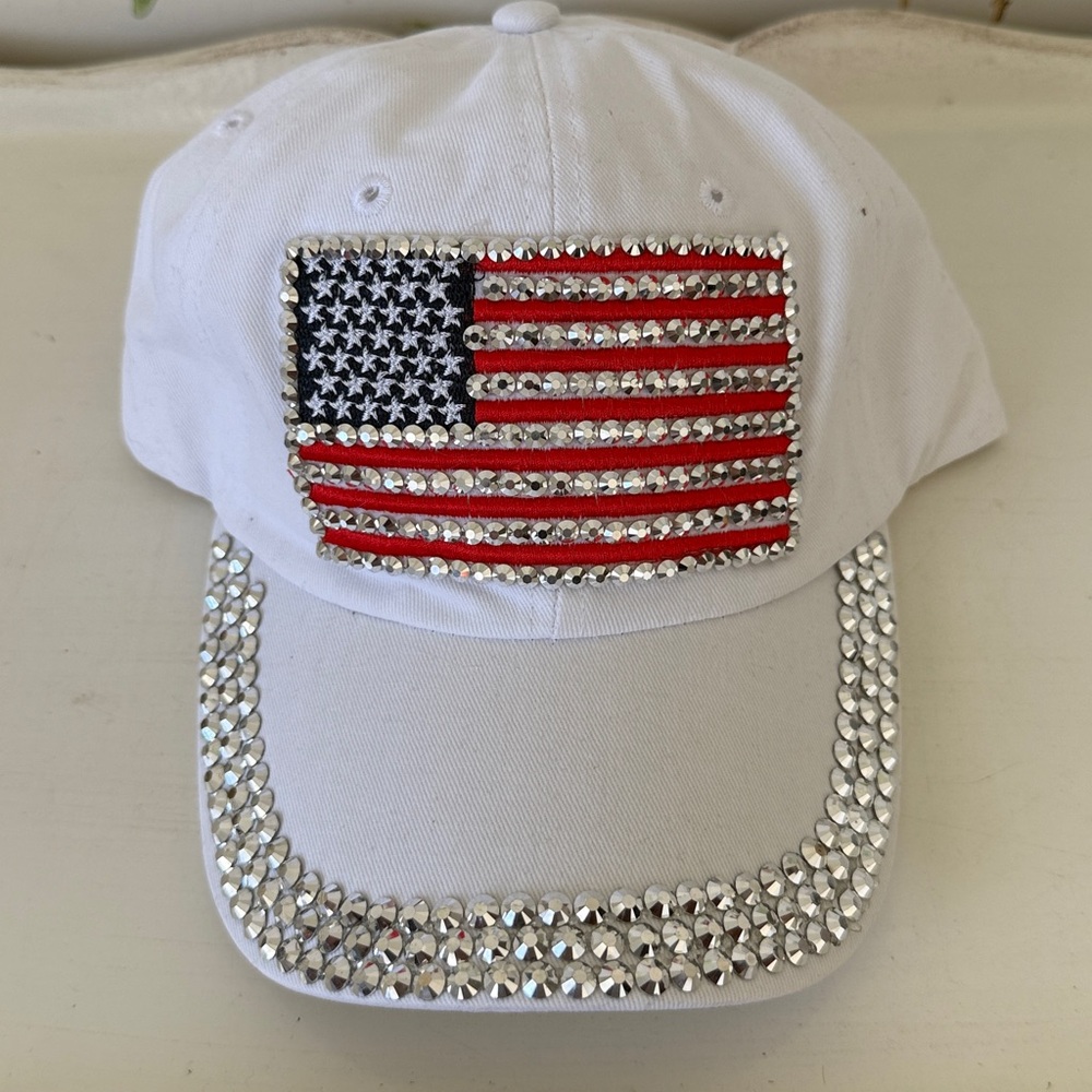 American Flag Studded Bling White Adjustable Baseball Hat - One Size - Picture 10 of 10